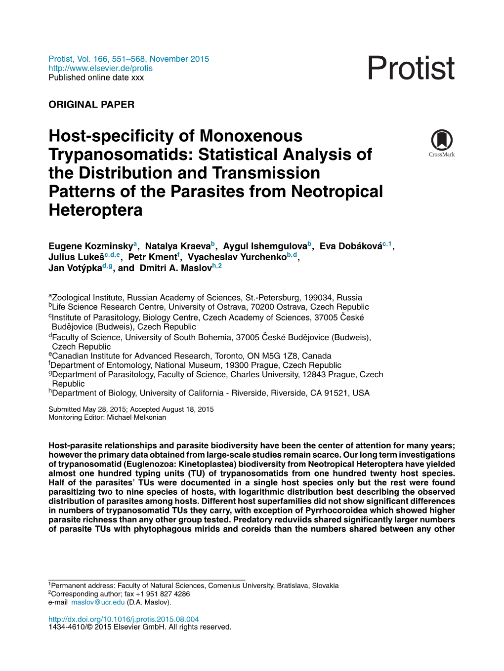 Host-Specificity of Monoxenous Trypanosomatids: Statistical