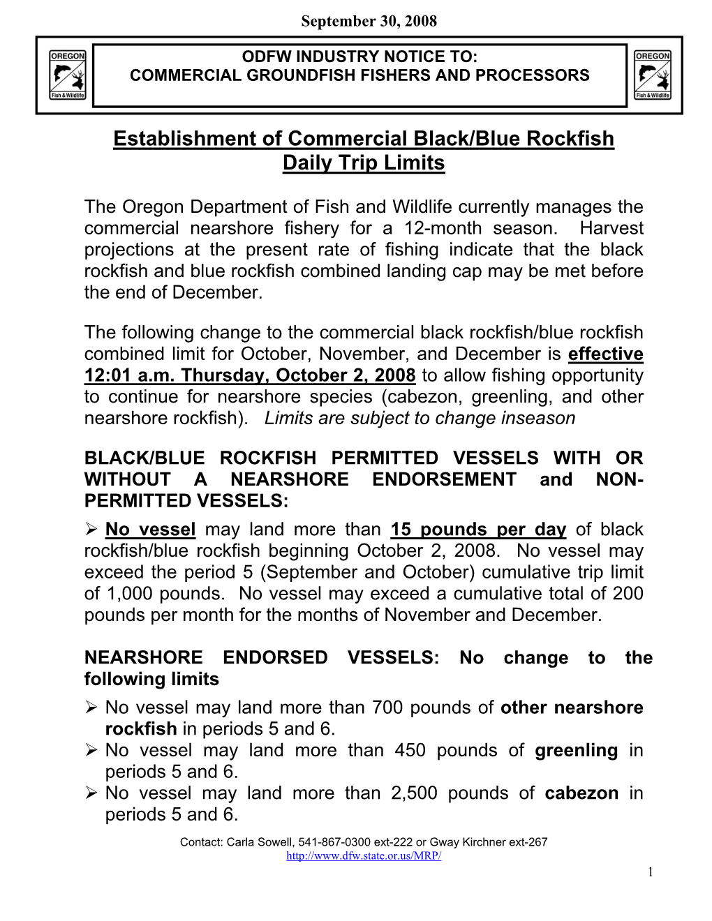 Establishment of Commercial Black/Blue Rockfish Daily Trip Limits