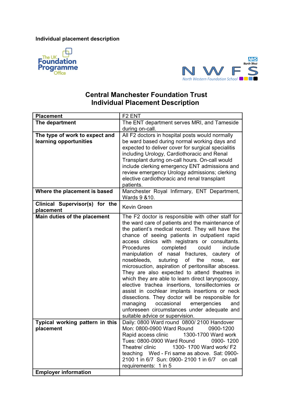 Appendix C Individual Placement Description