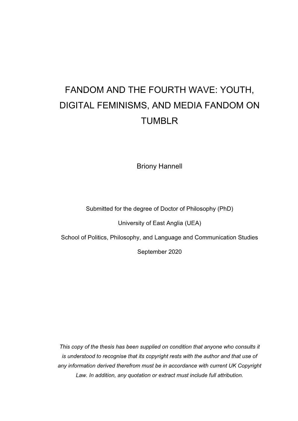 Fandom and the Fourth Wave: Youth, Digital Feminisms, and Media Fandom on Tumblr