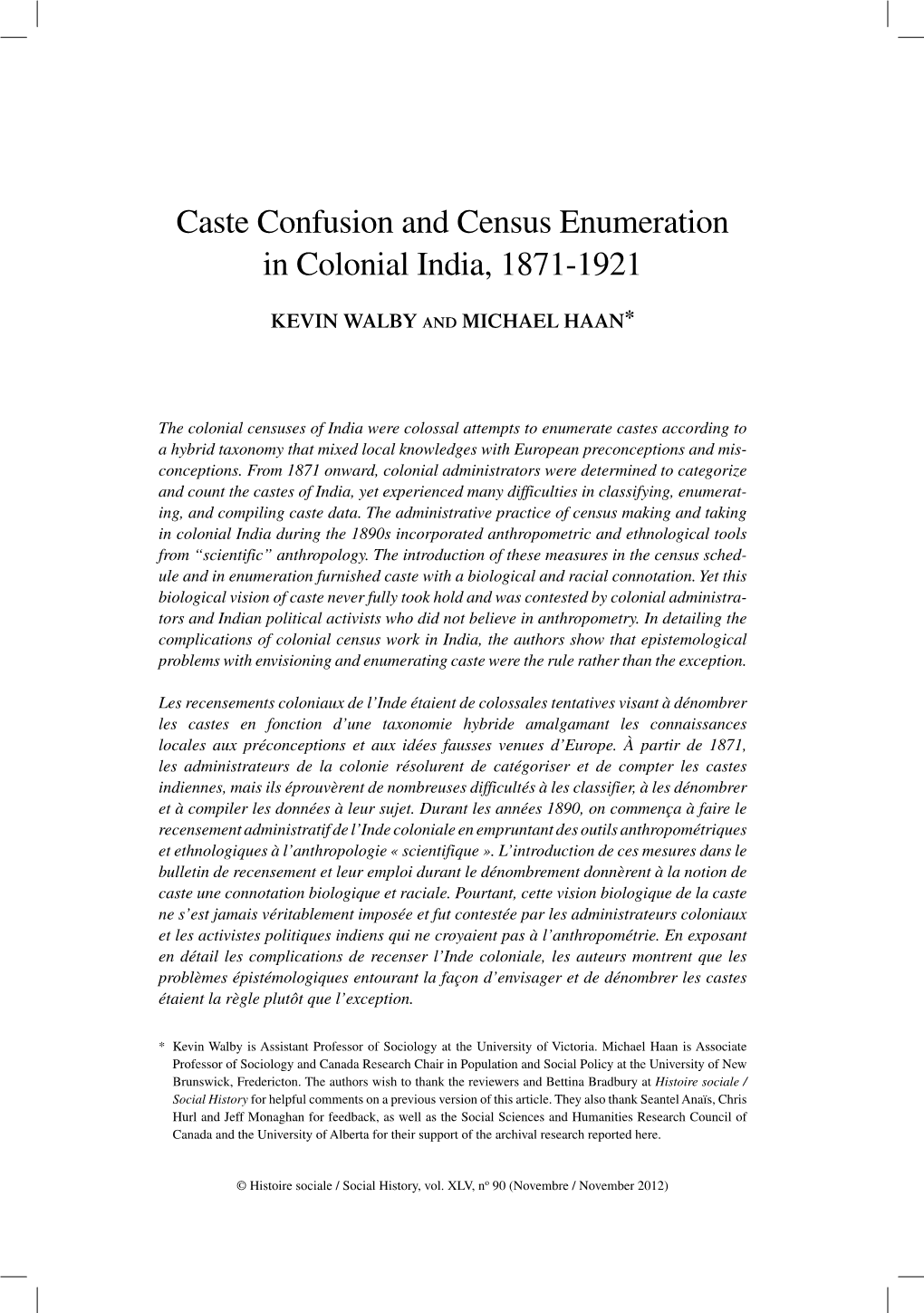 Caste Confusion and Census Enumeration in Colonial India, 1871-1921