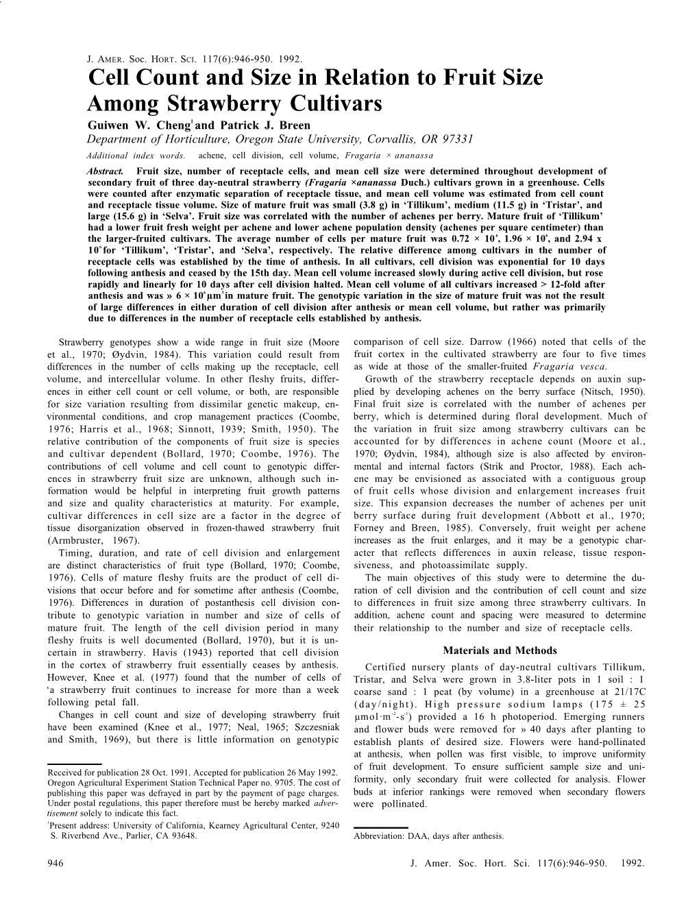 Cell Count and Size in Relation to Fruit Size Among Strawberry Cultivars Guiwen W