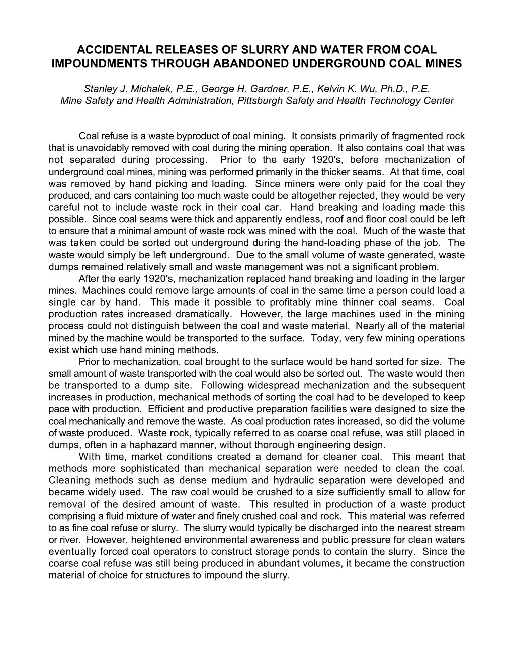 Accidental Releases of Slurry and Water from Coal Impoundments Through Abandoned Underground Coal Mines