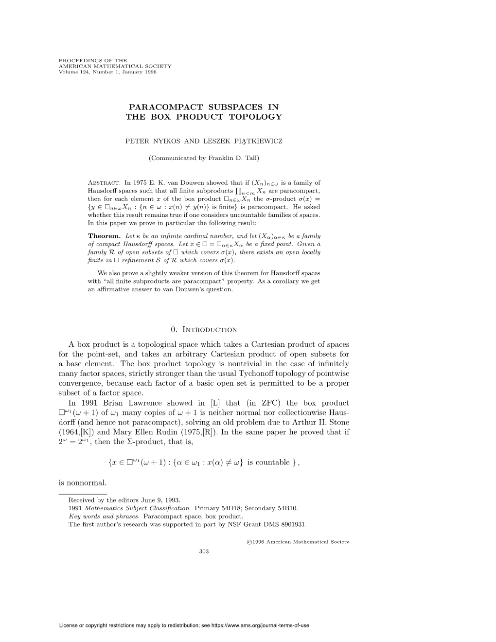 Paracompact Subspaces in the Box Product Topology 0