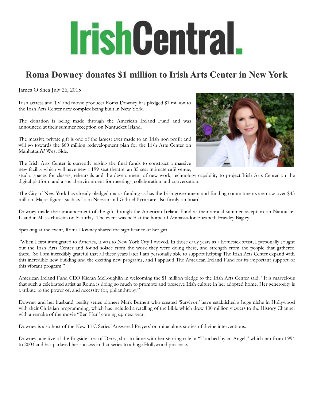 Roma Downey Donates $1 Million to Irish Arts Center in New York