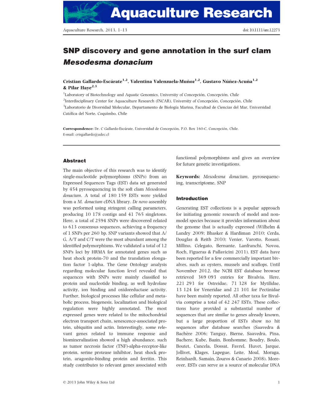 SNP Discovery and Gene Annotation in the Surf Clam Mesodesma Donacium