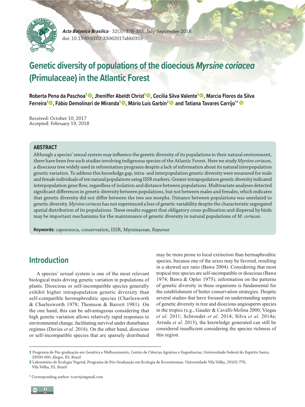 Genetic Diversity of Populations of the Dioecious Myrsine Coriacea (Primulaceae) in the Atlantic Forest