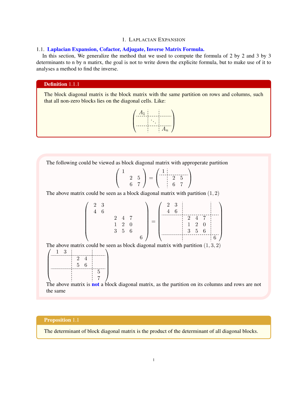 1.1. Laplacian Expansion, Cofactor, Adjugate, Inverse Matrix Formula. in This Section, We Generalize the Method That We Used To