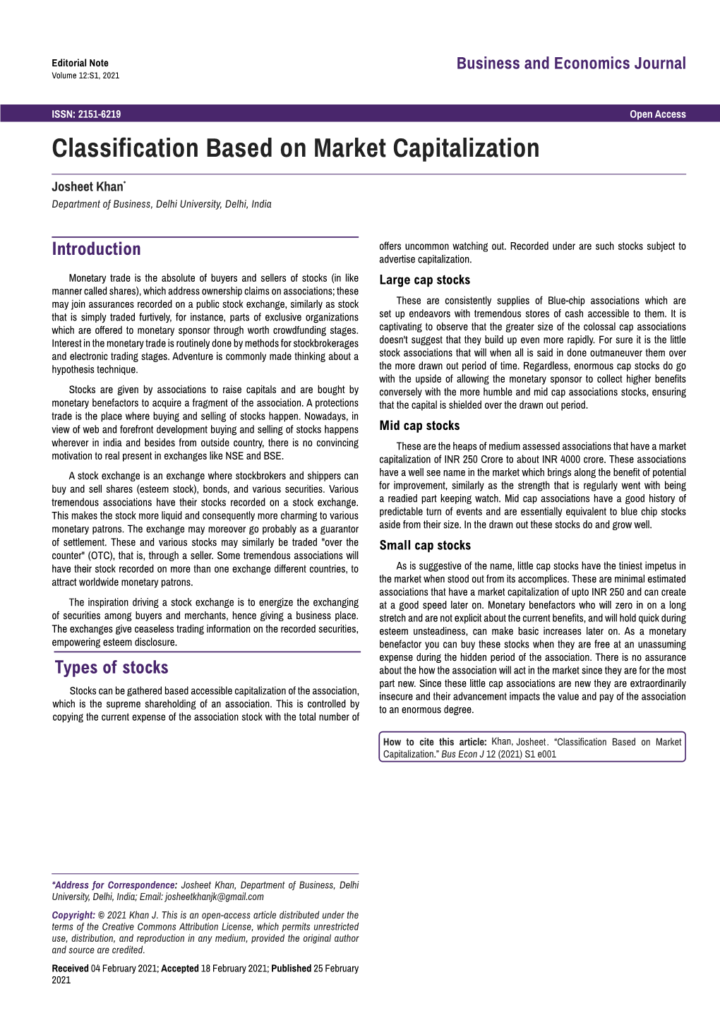 Classification Based on Market Capitalization