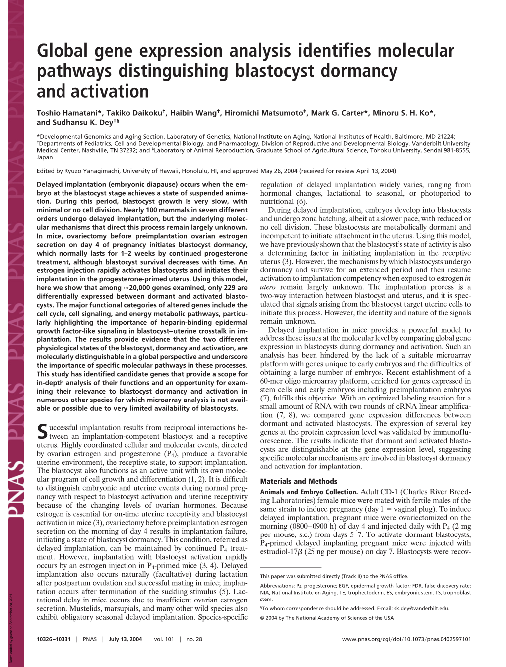 Global Gene Expression Analysis Identifies Molecular Pathways Distinguishing Blastocyst Dormancy and Activation