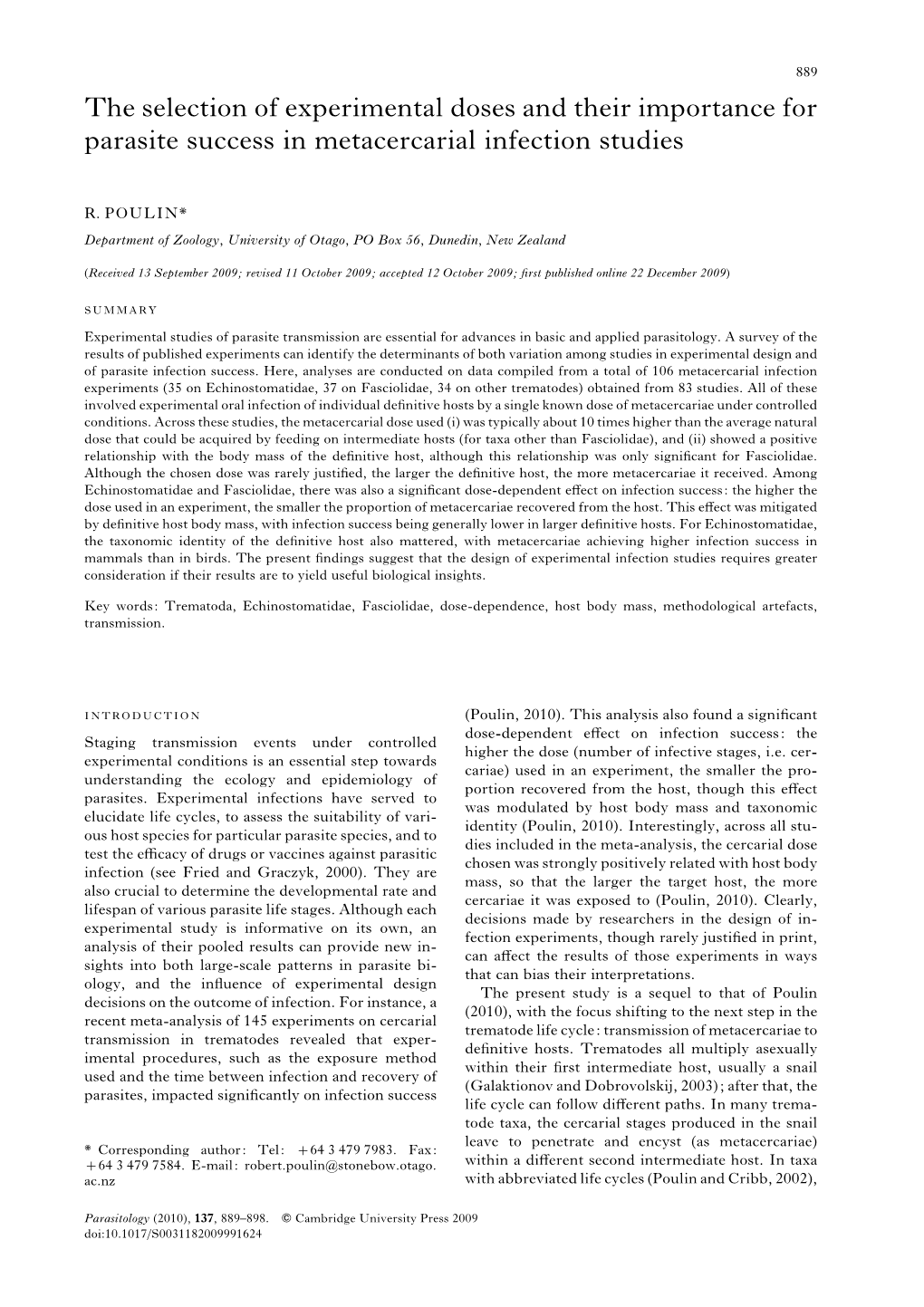 The Selection of Experimental Doses and Their Importance for Parasite Success in Metacercarial Infection Studies