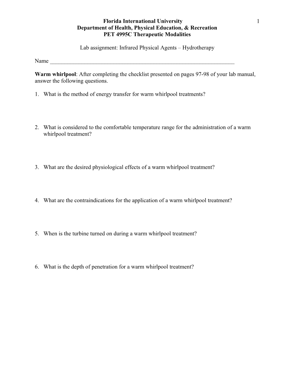 Warm Whirlpool: After Completing the Checklist Presented on Pages 92-93 of Your Lab Manual