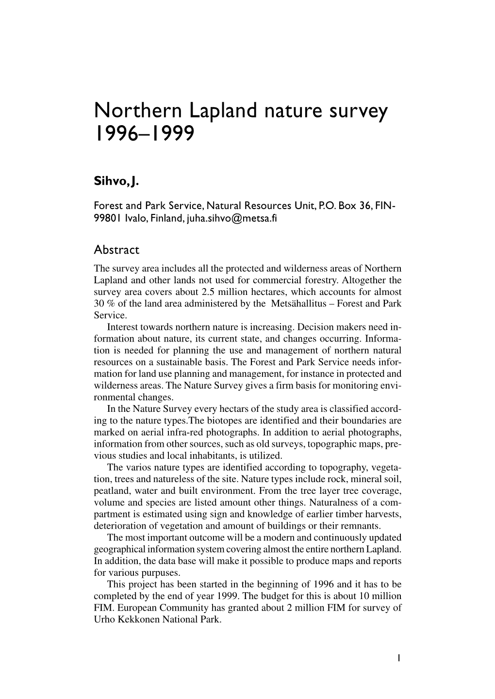 Northern Lapland Nature Survey 1996-1999