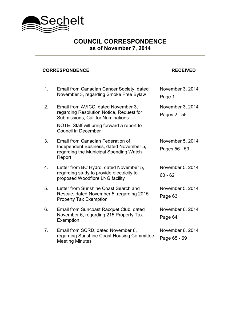 COUNCIL CORRESPONDENCE As of November 7, 2014