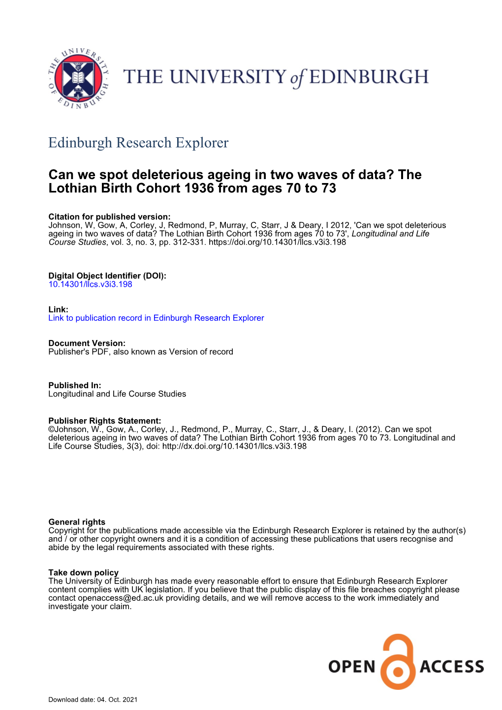 The Lothian Birth Cohort 1936 from Ages 70 to 73', Longitudinal and Life Course Studies, Vol