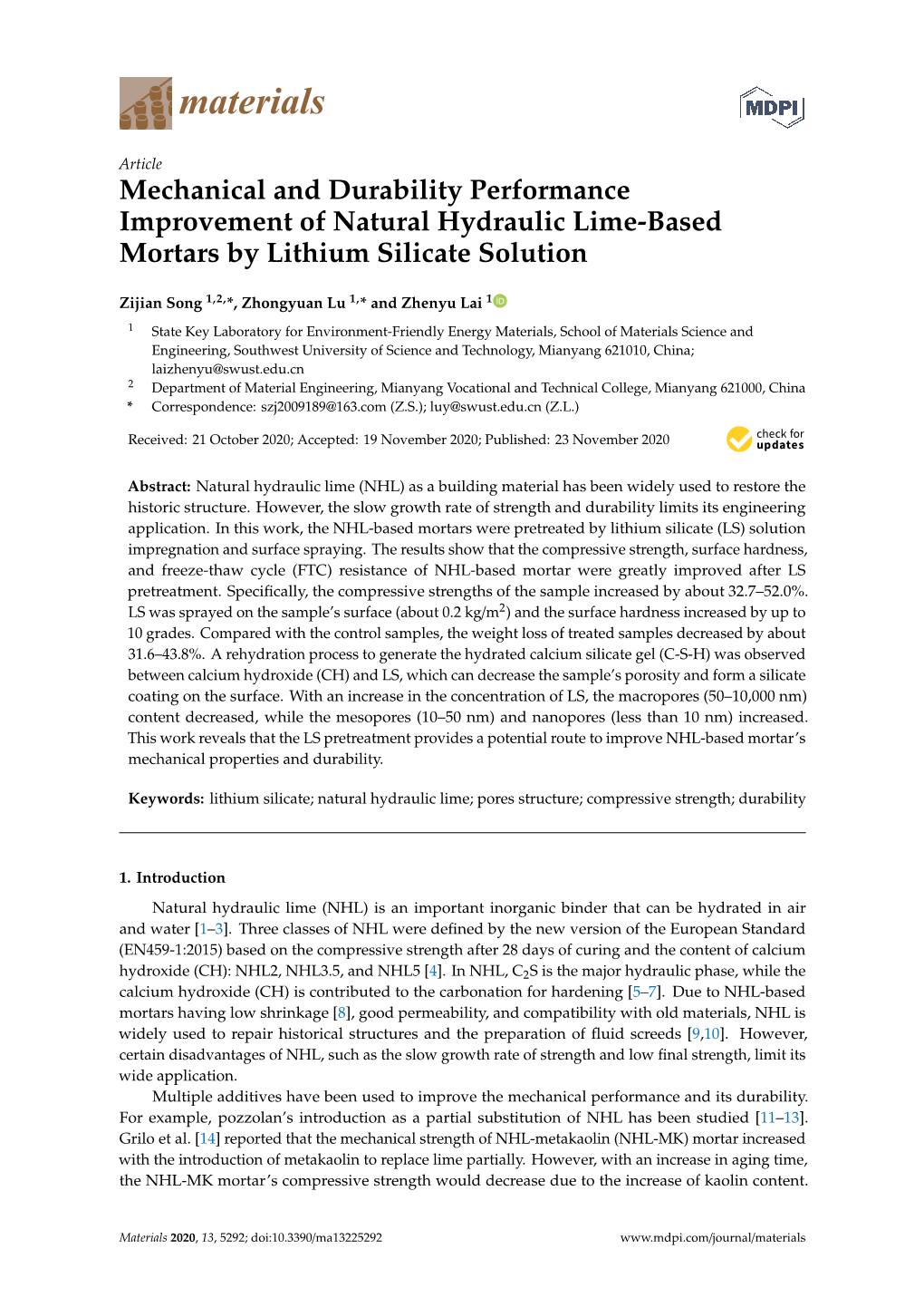 Mechanical and Durability Performance Improvement of Natural Hydraulic Lime-Based Mortars by Lithium Silicate Solution
