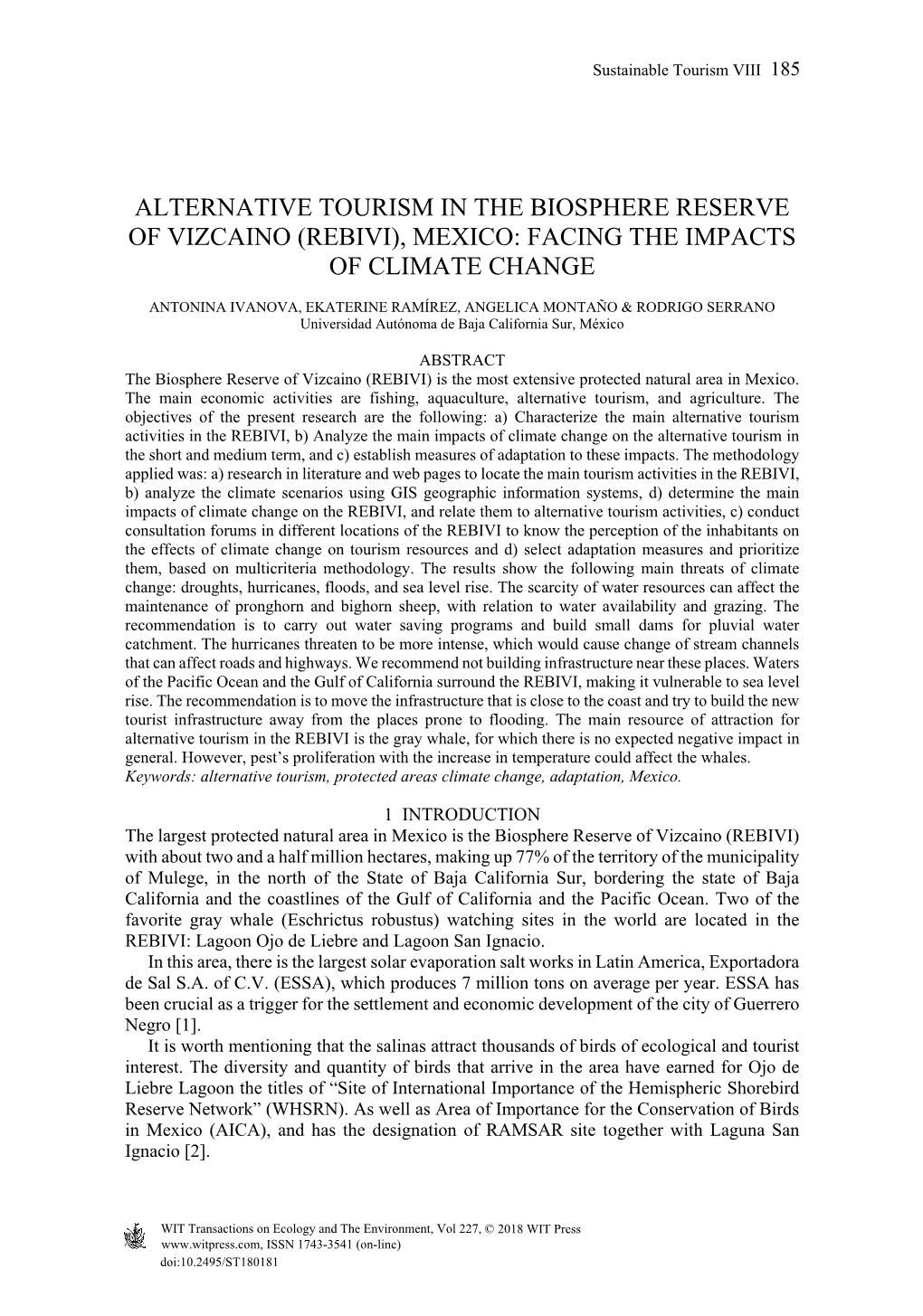 Alternative Tourism in the Biosphere Reserve of Vizcaino (Rebivi), Mexico: Facing the Impacts of Climate Change