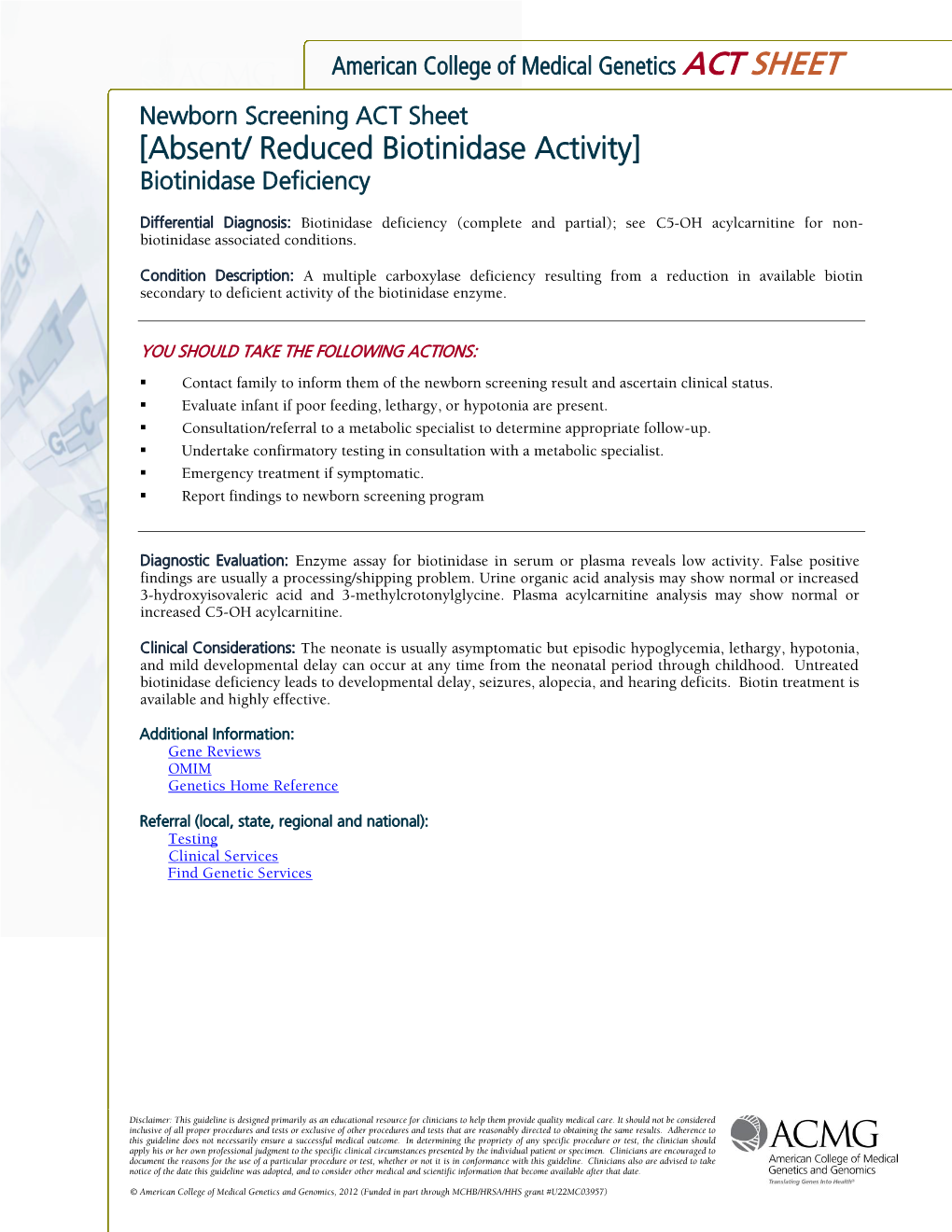 ACMG ACT Sheet Biotinidase Deficiency