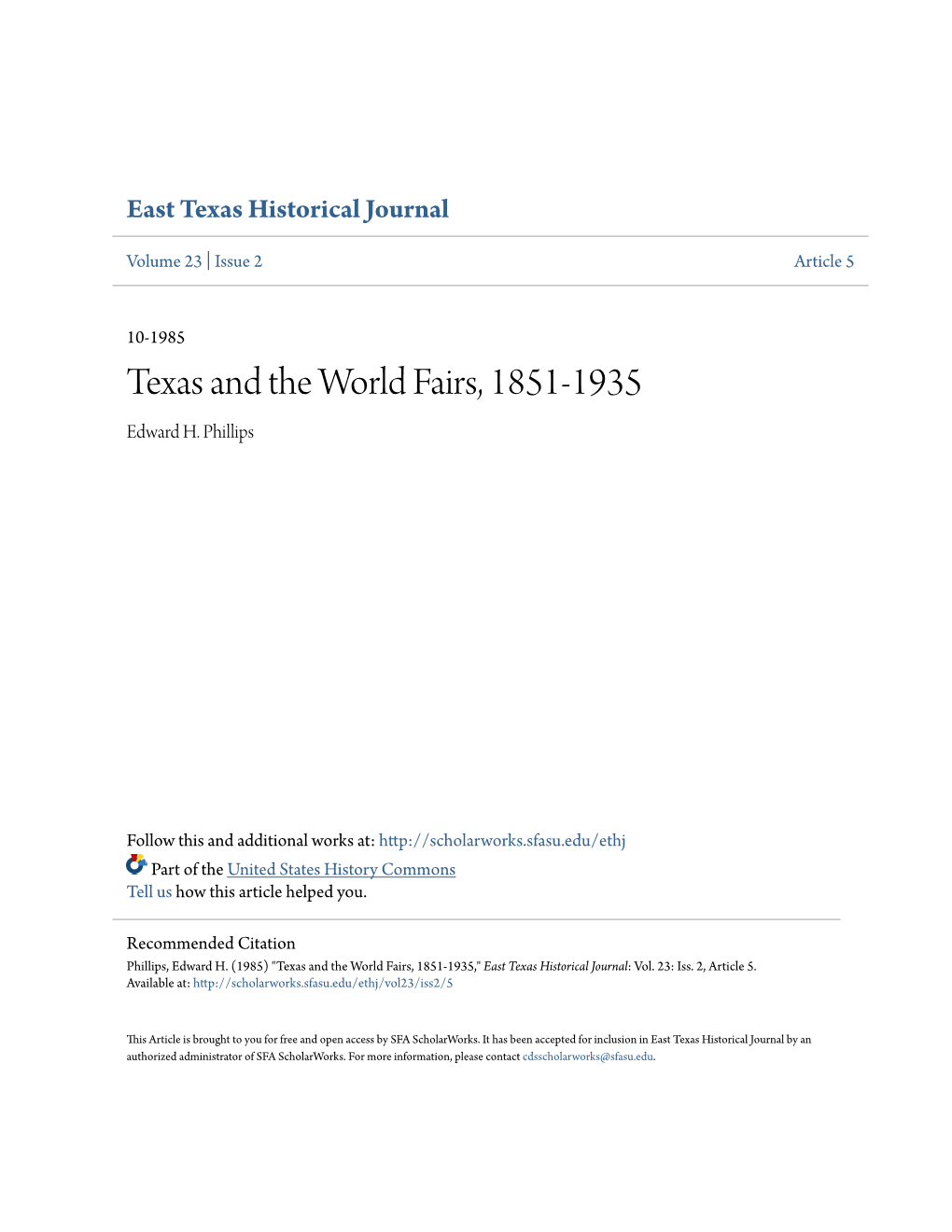 Texas and the World Fairs, 1851-1935 Edward H