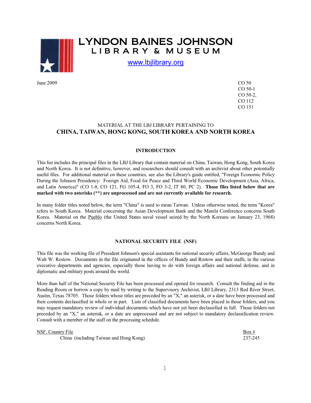 Guide to Material at the LBJ Library Pertaining to China, Taiwan, Hong Kong and Korea