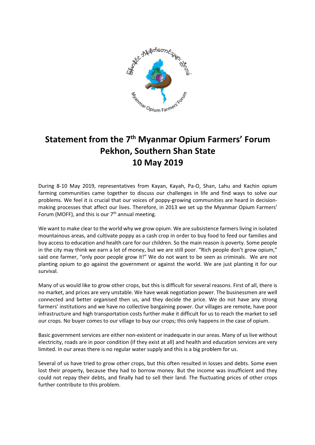 Statement from the 7Th Myanmar Opium Farmers' Forum Pekhon