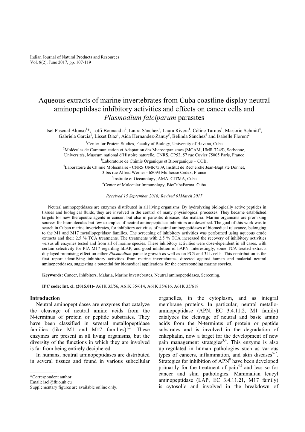 Aqueous Extracts of Marine Invertebrates from Cuba Coastline