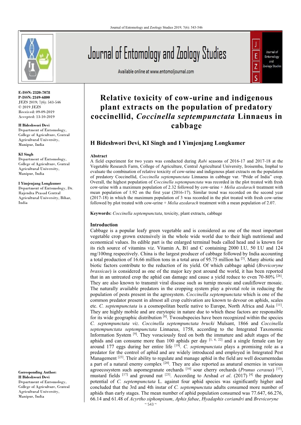 Relative Toxicity of Cow-Urine and Indigenous Plant Extracts on the Population of Predatory Coccinellid, Coccinella Septempunctata Linnaeus in Cabbage Var