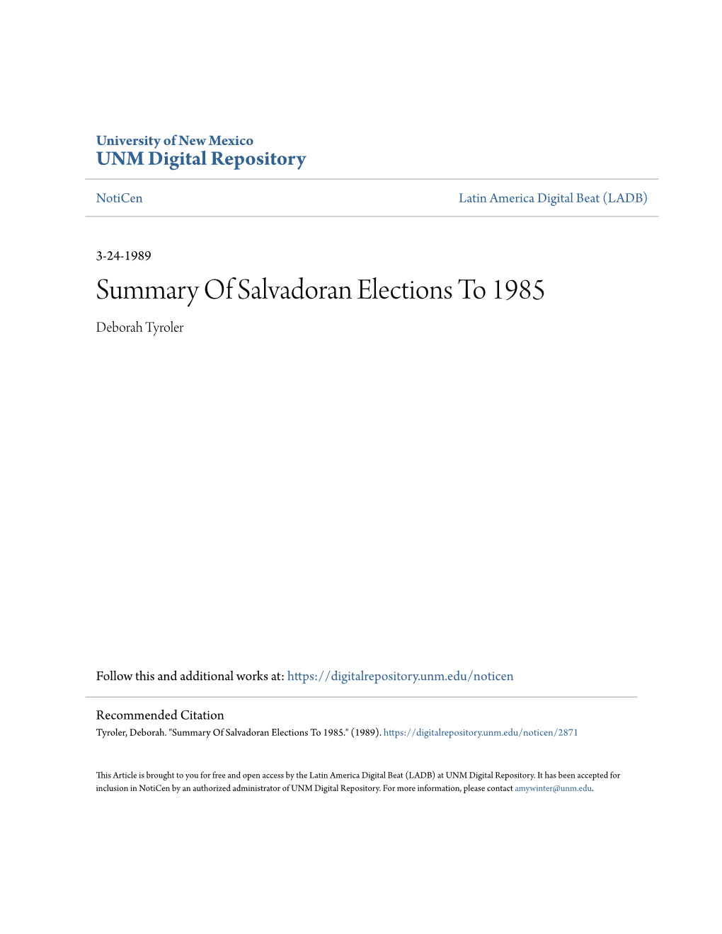 Summary of Salvadoran Elections to 1985 Deborah Tyroler