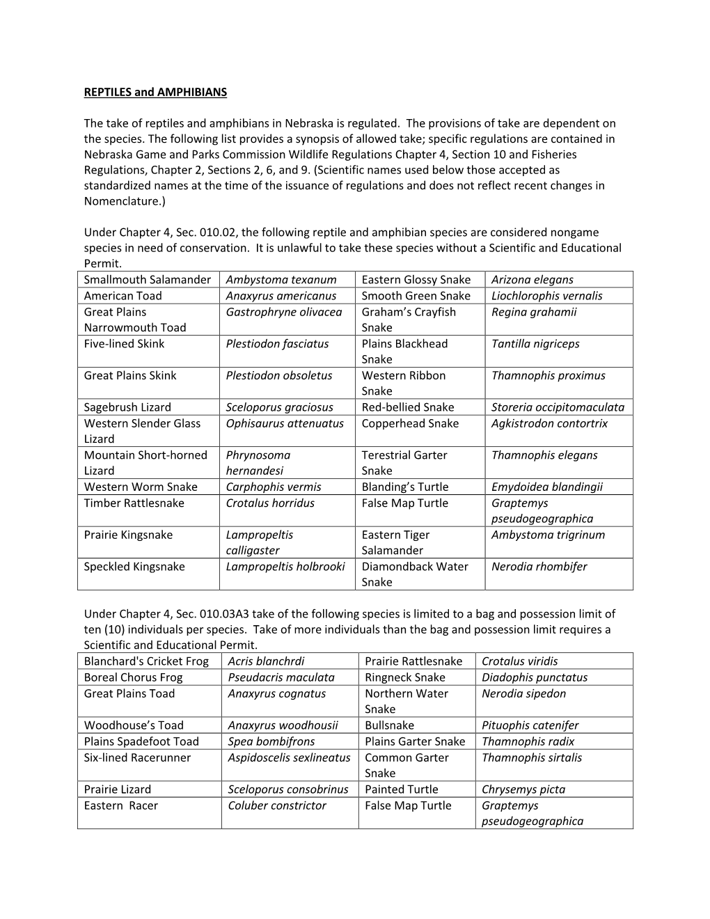 Nebraska Reptile and Amphibian Regulations