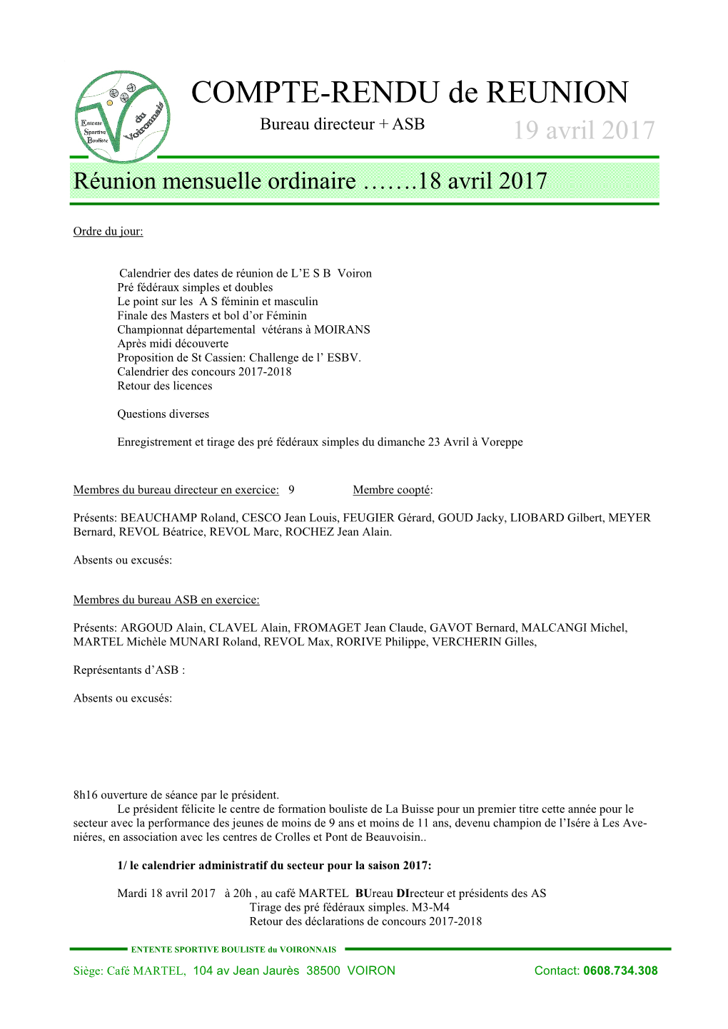 COMPTE-RENDU De REUNION Bureau Directeur + ASB 19 Avril 2017