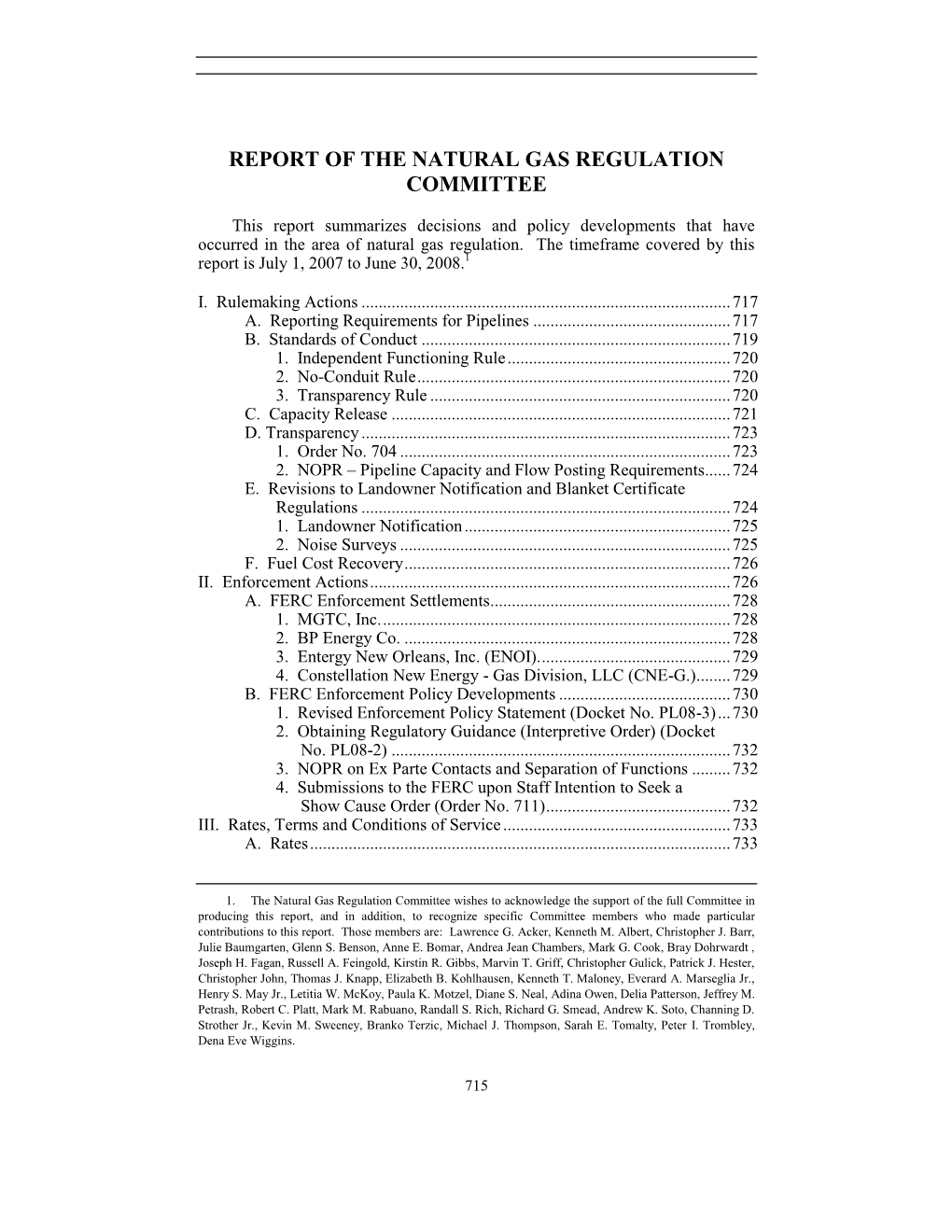 Report of the Natural Gas Regulation Committee