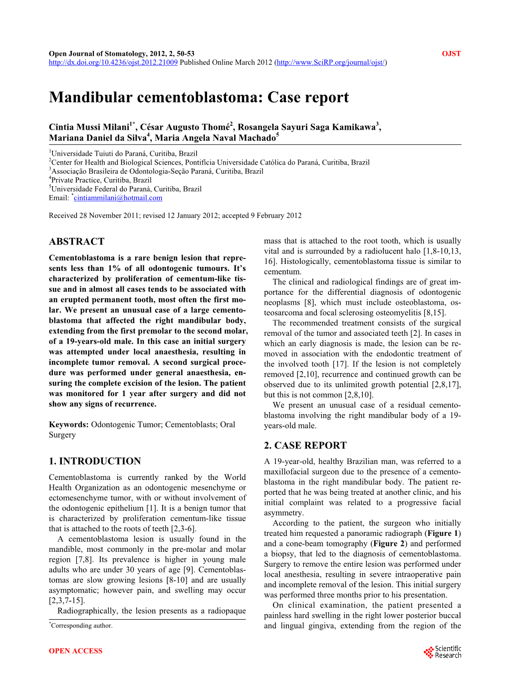 Mandibular Cementoblastoma: Case Report