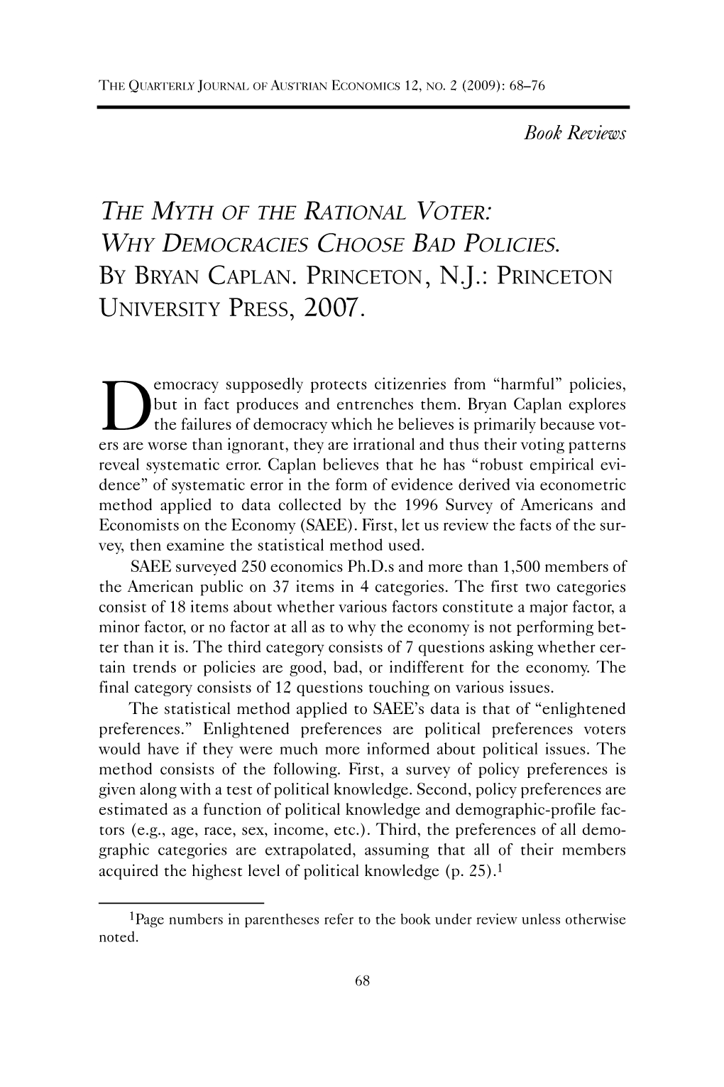 &lt;I&gt;The Myth of the Rational Voter: Why Democracies Choose Bad