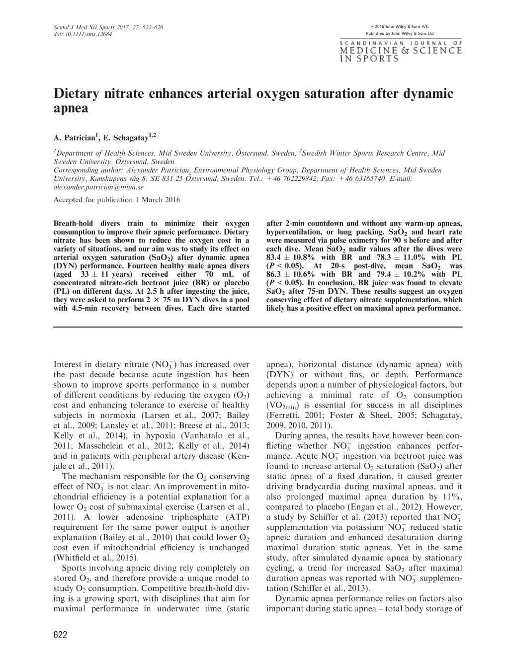 Dietary Nitrate Enhances Arterial Oxygen Saturation After Dynamic Apnea