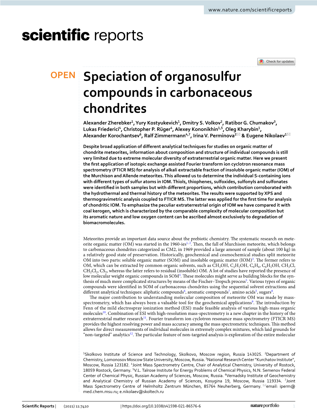 Speciation of Organosulfur Compounds in Carbonaceous Chondrites Alexander Zherebker1, Yury Kostyukevich1, Dmitry S