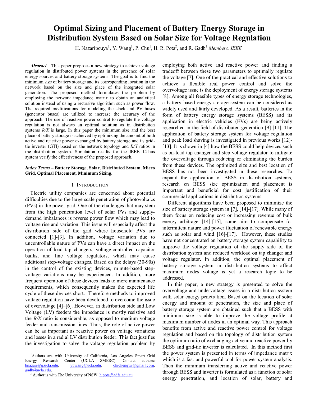 Optimal Sizing and Placement of Battery Energy Storage in Distribution System Based on Solar Size for Voltage Regulation H