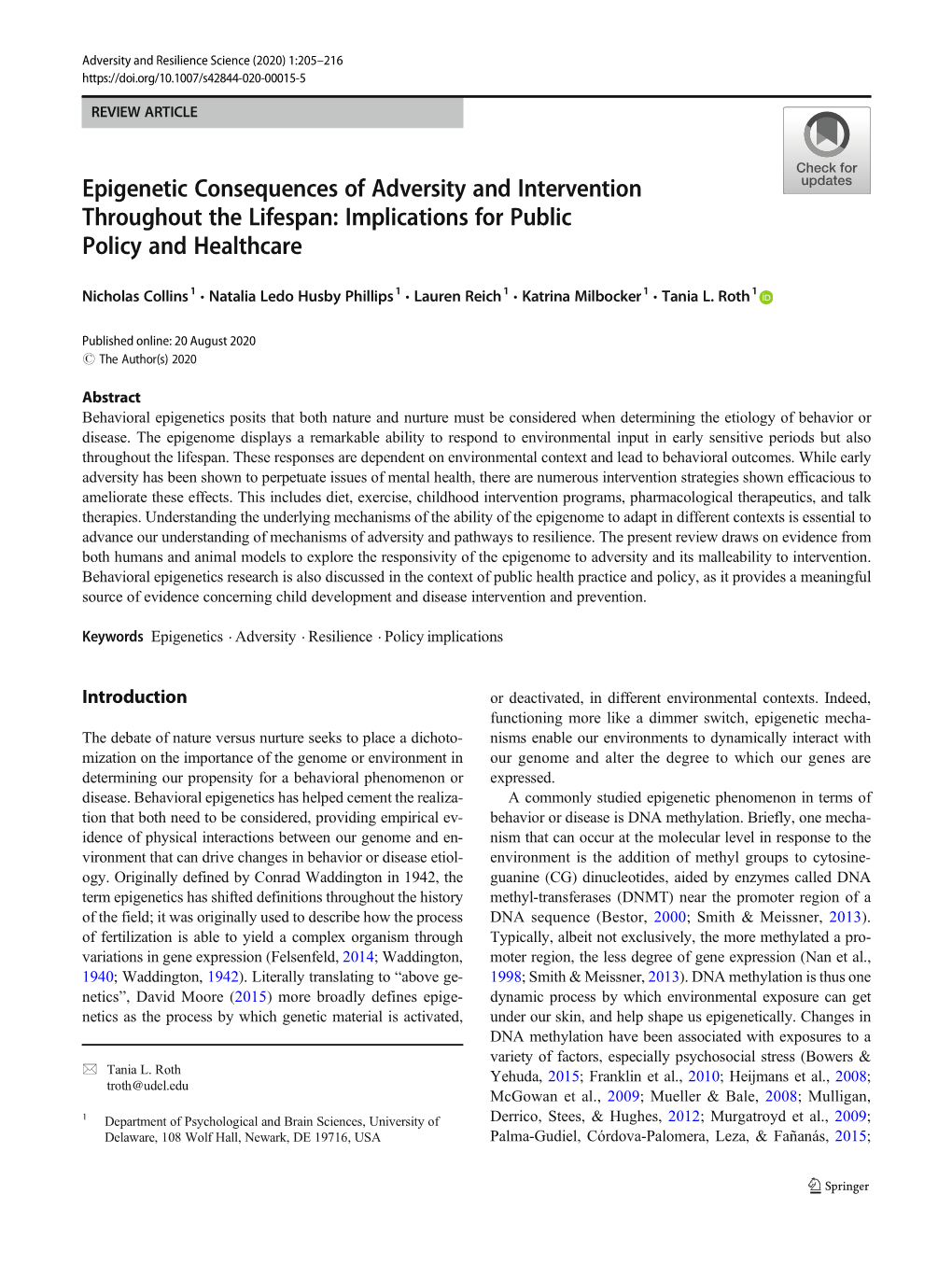 Epigenetic Consequences of Adversity and Intervention Throughout the Lifespan: Implications for Public Policy and Healthcare