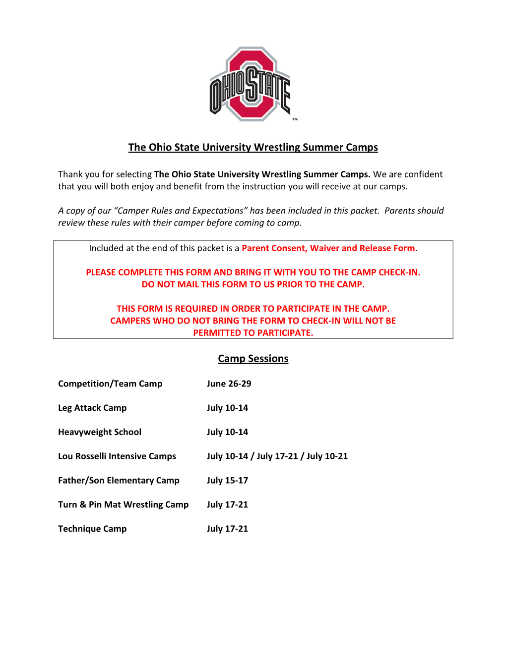 The Ohio State University Wrestling Summer Camps Camp Sessions