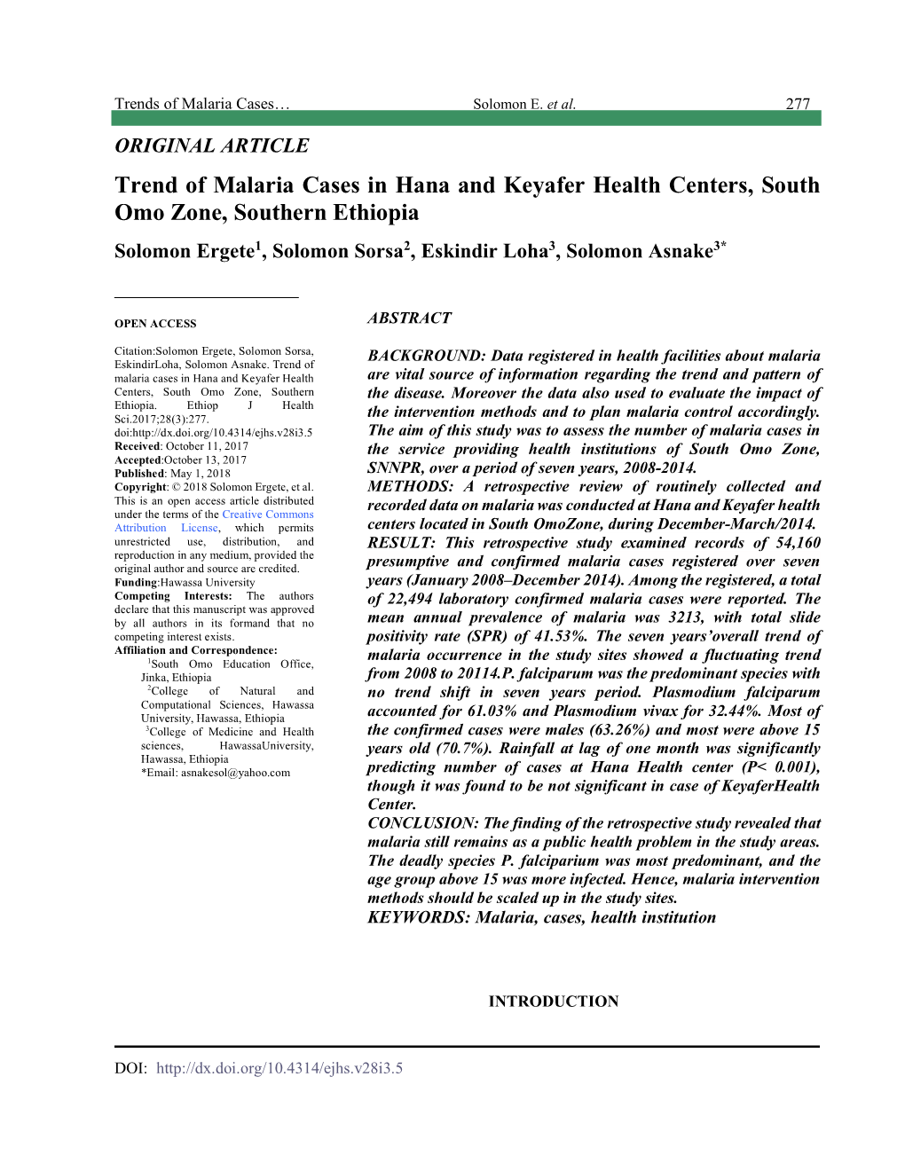 Trend of Malaria Cases in Hana and Keyafer Health Centers, South Omo Zone, Southern Ethiopia