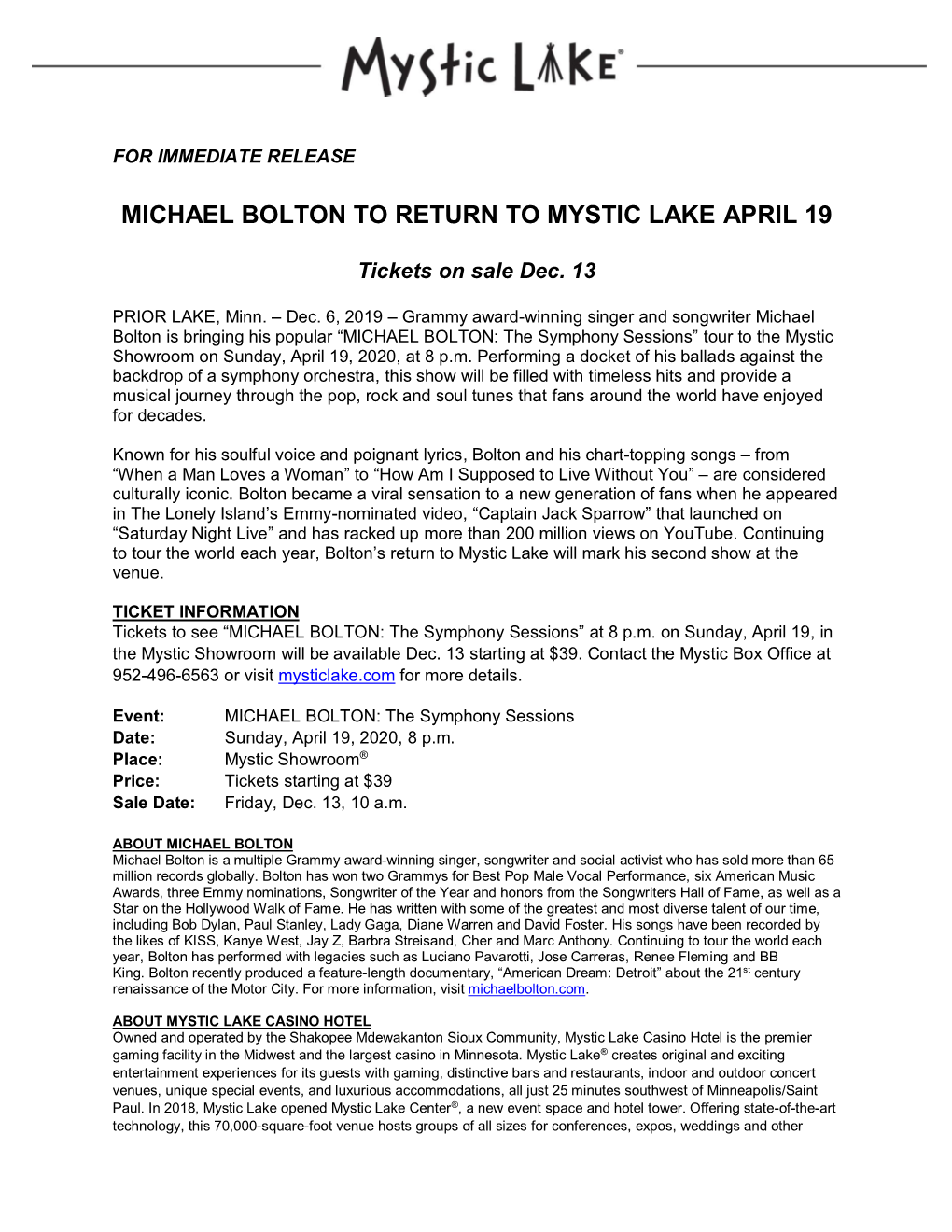 Michael Bolton to Return to Mystic Lake April 19