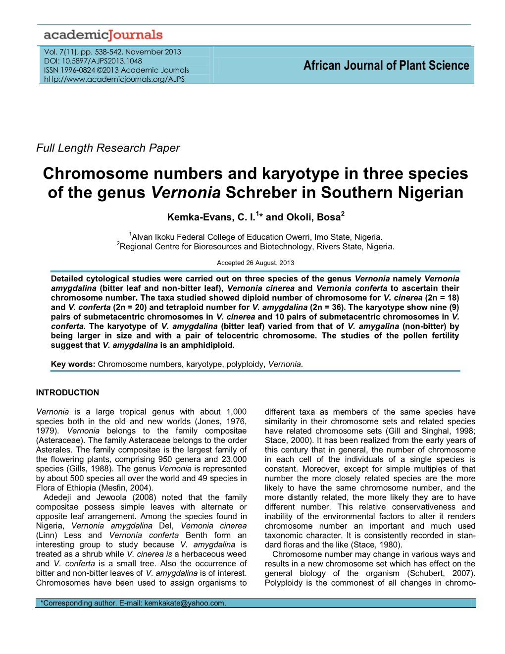 Chromosome Numbers and Karyotype in Certain Species of the Genus Vernonia Schreber in Southern Nigerian