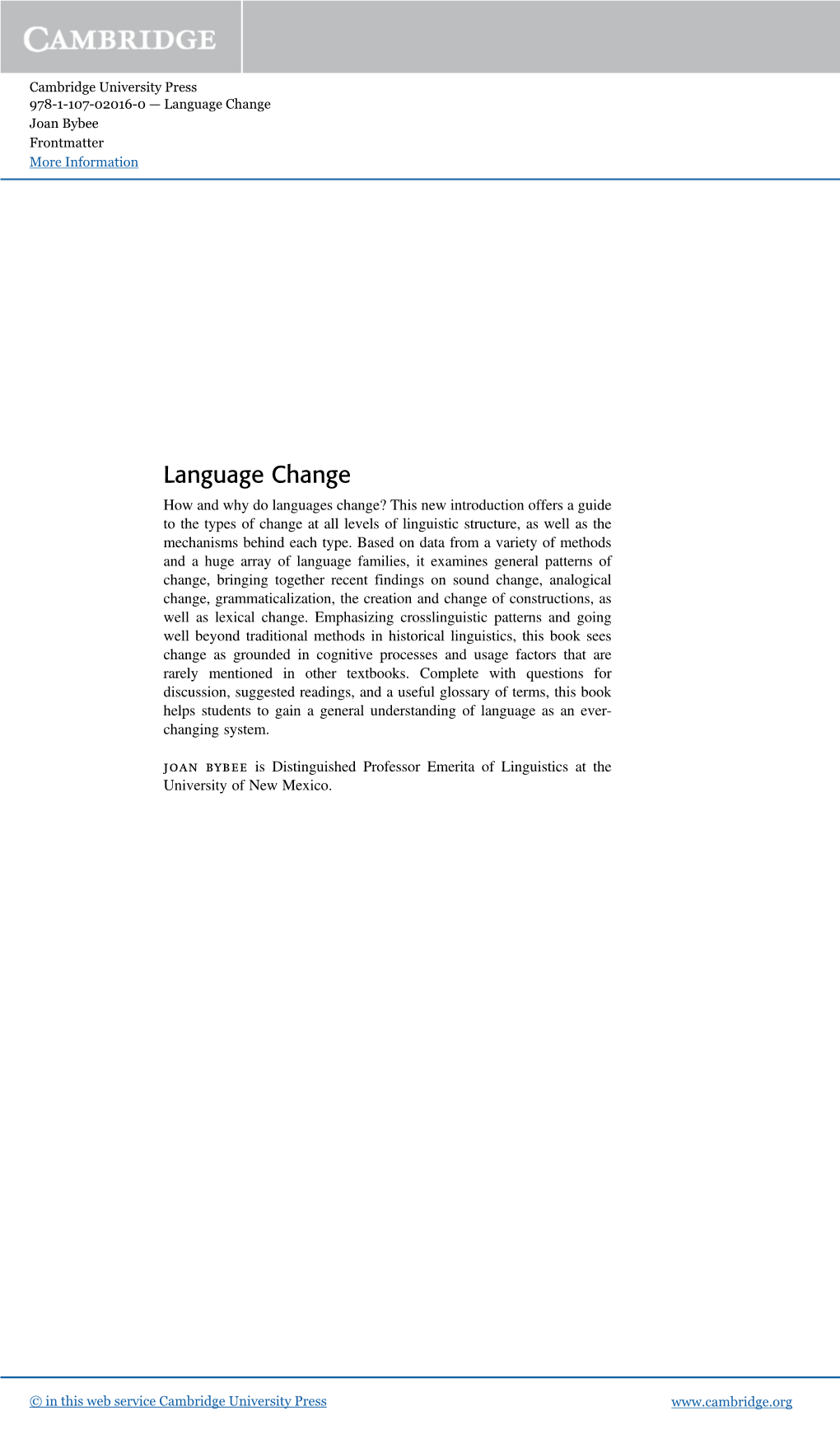 Language Change Joan Bybee Frontmatter More Information