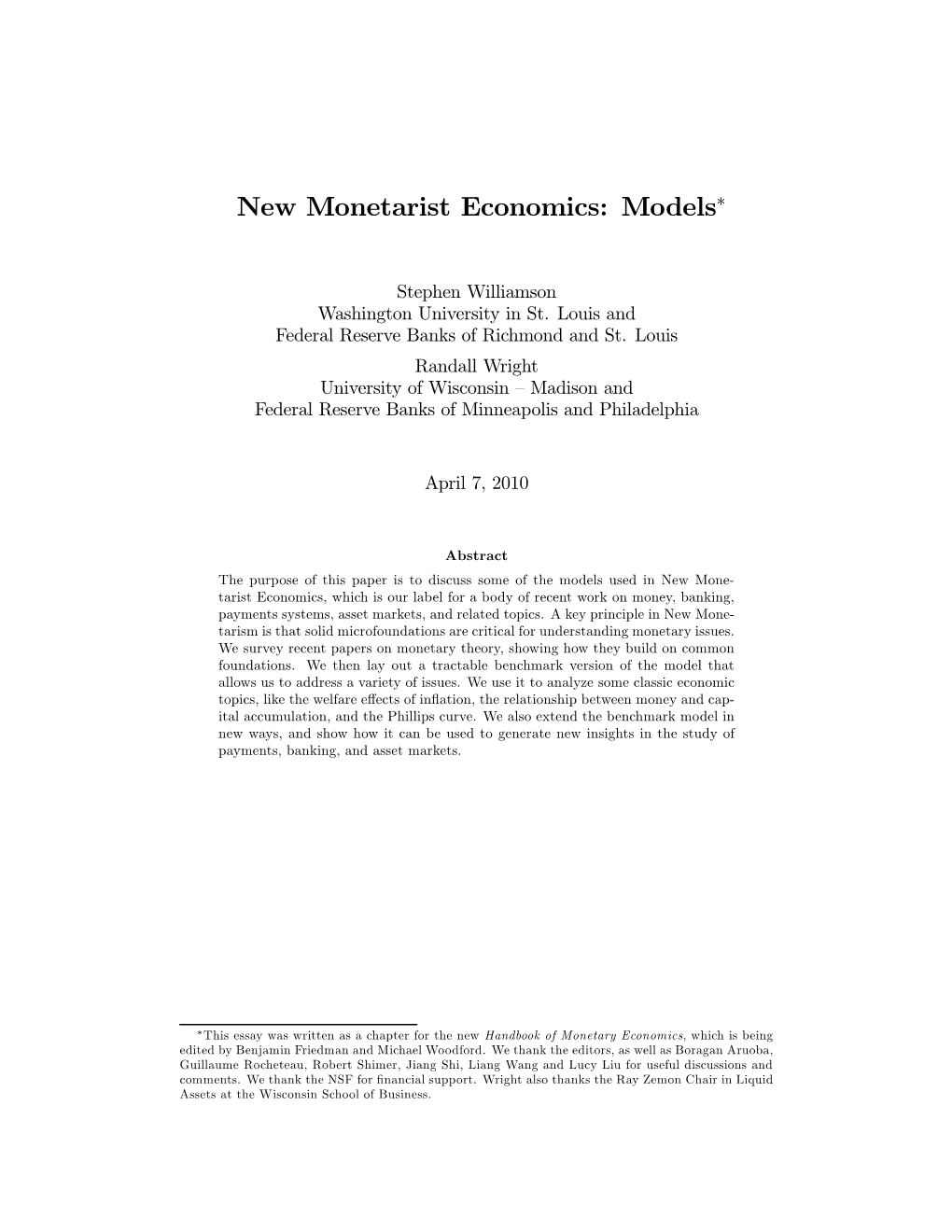 New Monetarist Economics: Models∗