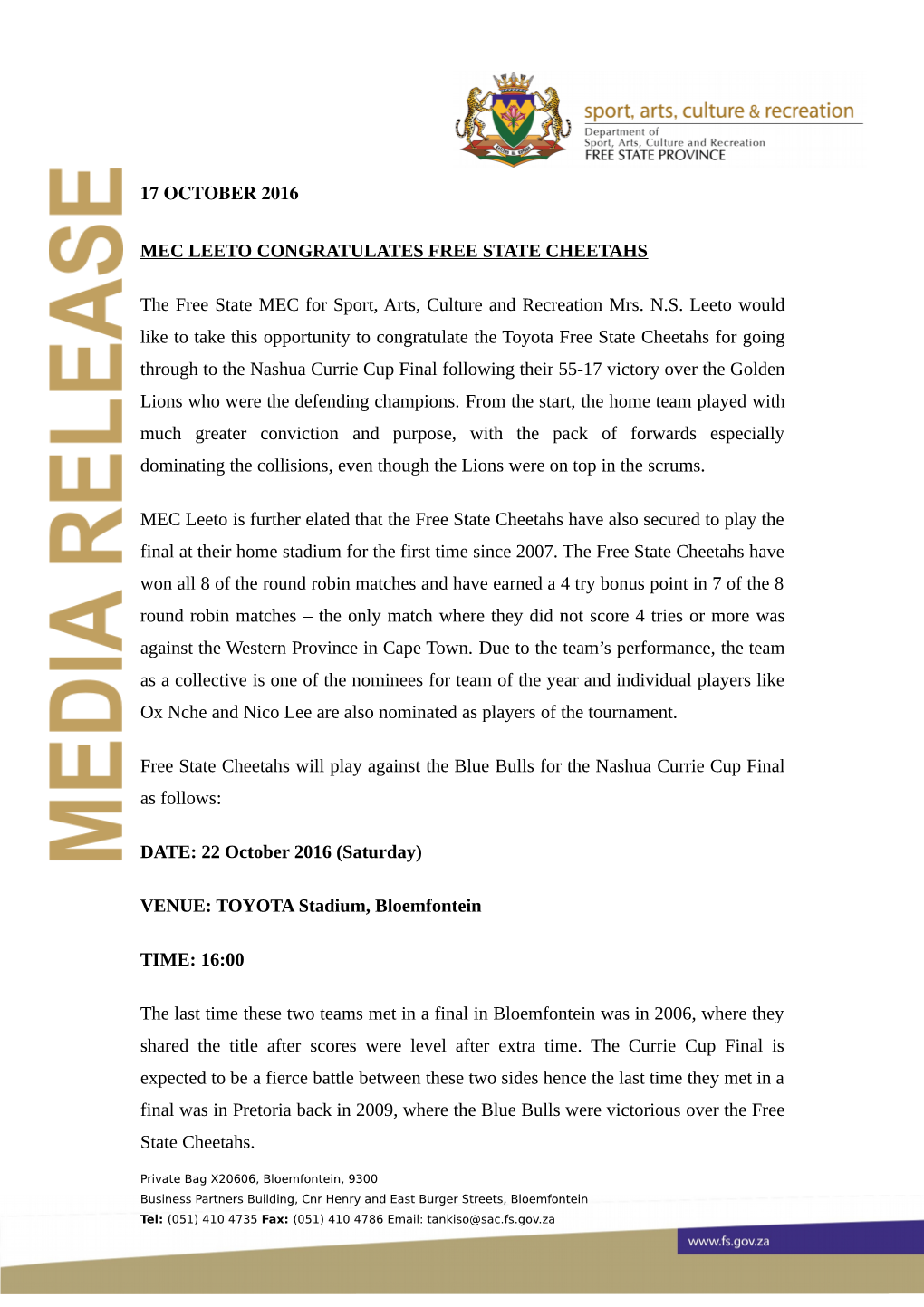 Media Release MEC Leeto Congratulates FS Cheetahs