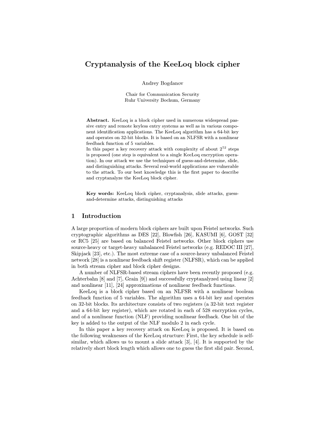 Cryptanalysis of the Keeloq Block Cipher