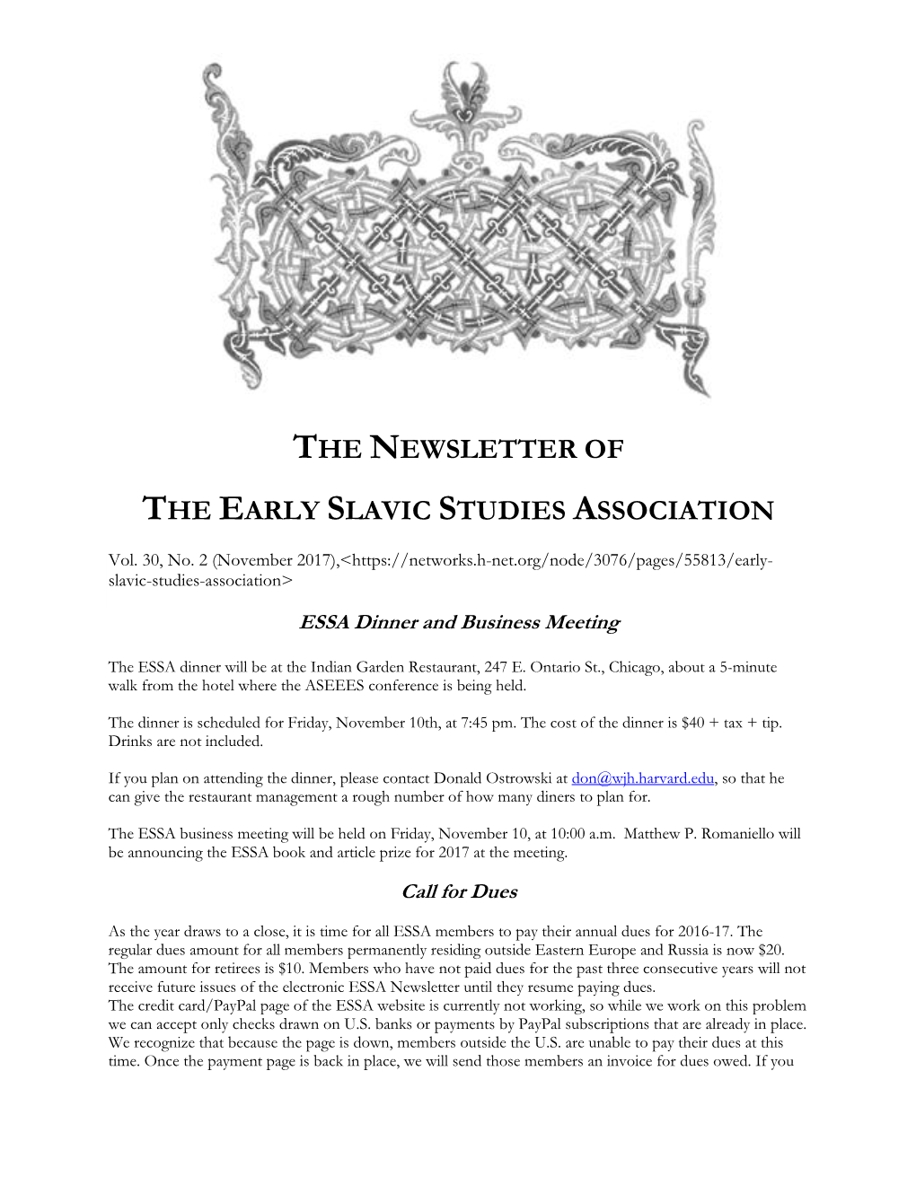 The Newsletter of the Early Slavic Studies Association
