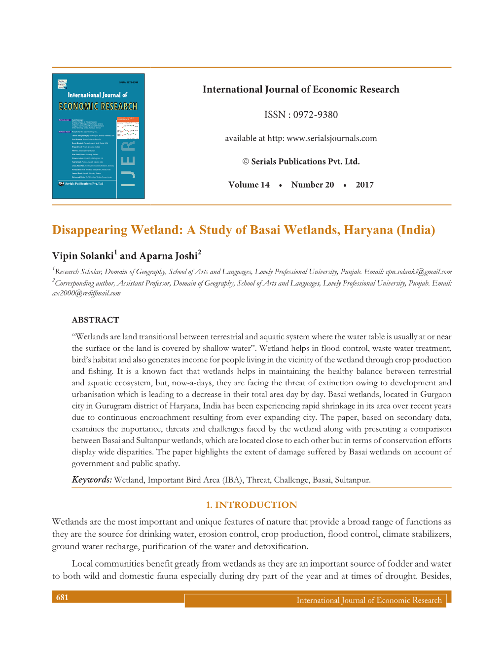 A Study of Basai Wetlands, Haryana (India)