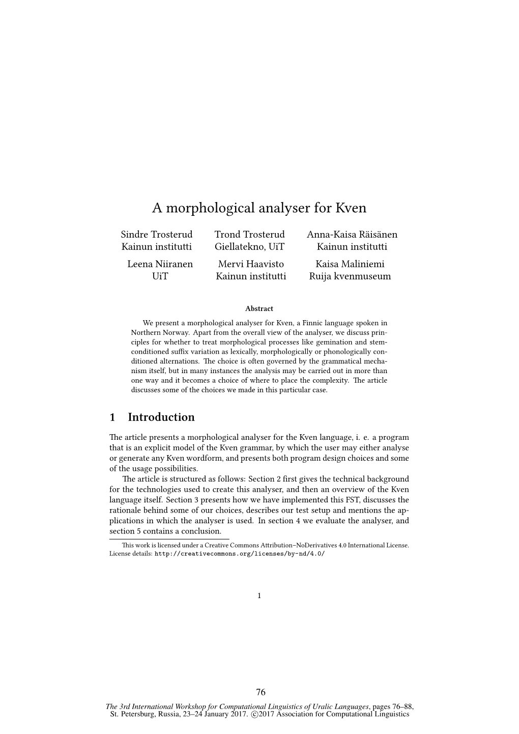 A Morphological Analyser for Kven