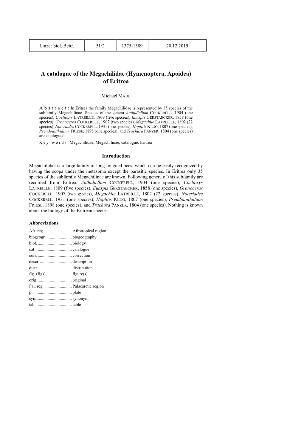 A Catalogue of the Megachilidae (Hymenoptera, Apoidea) of Eritrea