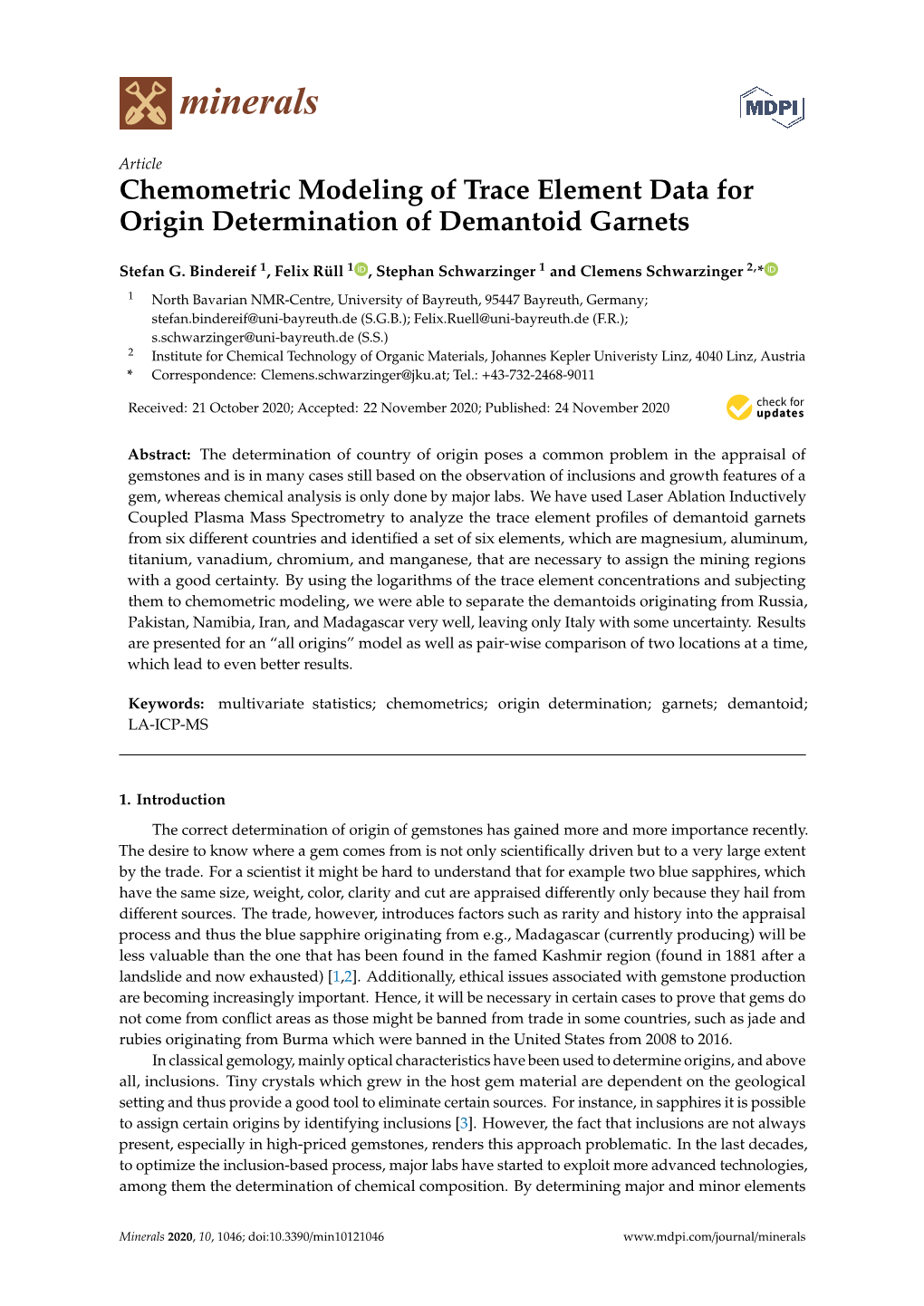 Chemometric Modeling of Trace Element Data for Origin Determination of Demantoid Garnets